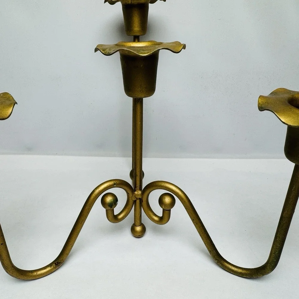 Vintage Brass Gold Tone Candle Holder Mid Century‎ Modern MCM 3 Arm Candelabra